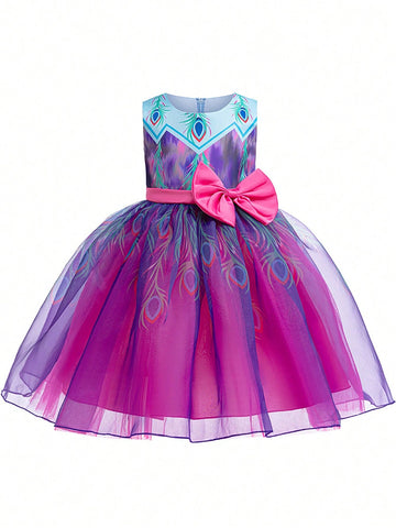 Round Neck Sleeveless Feather Print Dress With Bow Decor, Suitable For Role Play Parties, Young Girl