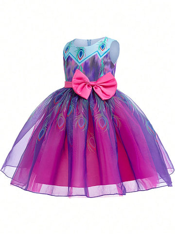 Round Neck Sleeveless Feather Print Dress With Bow Decor, Suitable For Role Play Parties, Young Girl