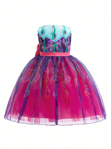 Round Neck Sleeveless Feather Print Dress With Bow Decor, Suitable For Role Play Parties, Young Girl