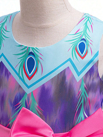 Round Neck Sleeveless Feather Print Dress With Bow Decor, Suitable For Role Play Parties, Young Girl