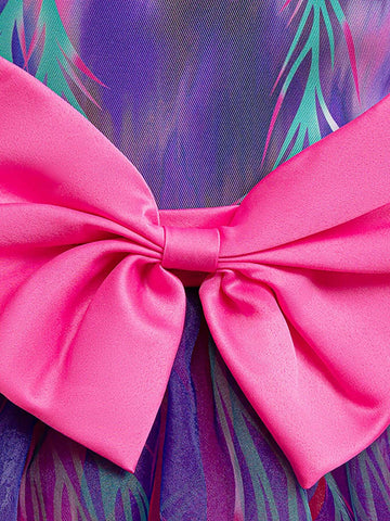 Round Neck Sleeveless Feather Print Dress With Bow Decor, Suitable For Role Play Parties, Young Girl