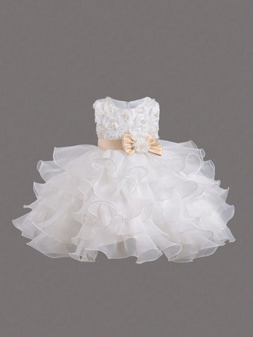 Round Neck Sleeveless Zipper Back Bow Decor Flower Girls Pageant Princess Dress For Children