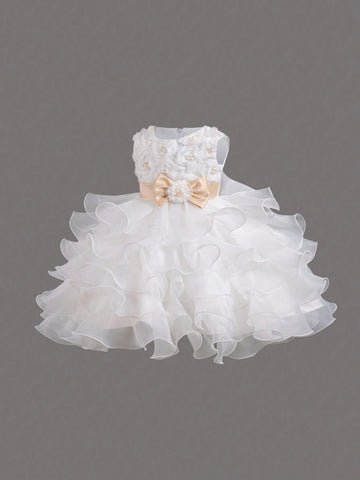 Round Neck Sleeveless Zipper Back Bow Decor Flower Girls Pageant Princess Dress For Children