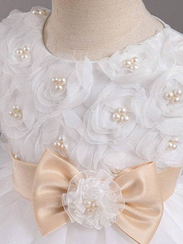 Round Neck Sleeveless Zipper Back Bow Decor Flower Girls Pageant Princess Dress For Children