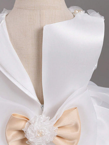 Round Neck Sleeveless Zipper Back Bow Decor Flower Girls Pageant Princess Dress For Children