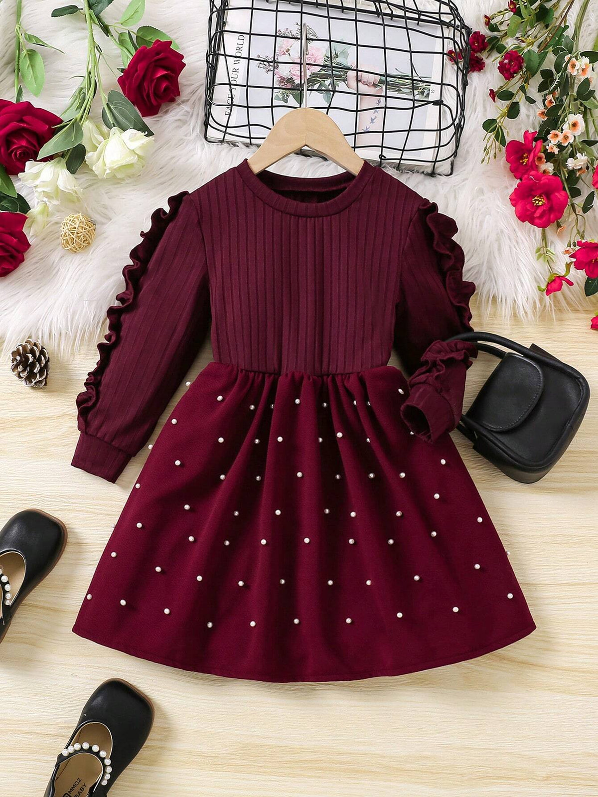 Round Neck Solid Color Knit Long Sleeve Dress For Young Girl