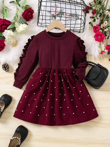 Round Neck Solid Color Knit Long Sleeve Dress For Young Girl