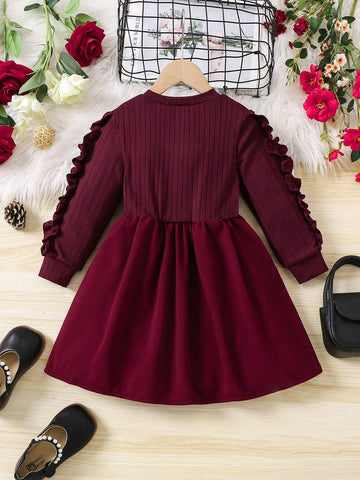 Round Neck Solid Color Knit Long Sleeve Dress For Young Girl