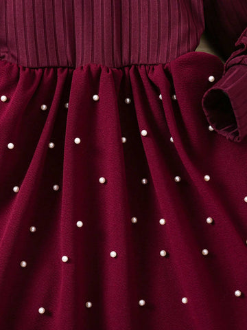 Round Neck Solid Color Knit Long Sleeve Dress For Young Girl