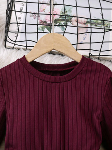 Round Neck Solid Color Knit Long Sleeve Dress For Young Girl