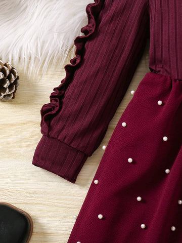 Round Neck Solid Color Knit Long Sleeve Dress For Young Girl