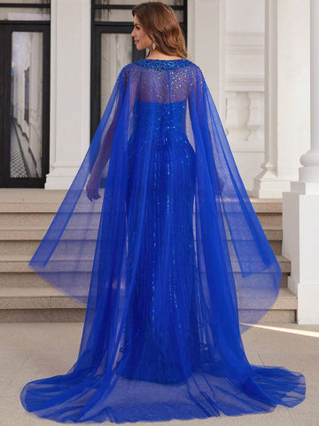 Royal Blue Luxury Hand Beading Dubai Formal Evening Dresses Long With Long Sleeves V-Neck Mermaid Prom Party Gowns With Train