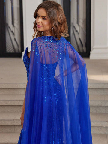 Royal Blue Luxury Hand Beading Dubai Formal Evening Dresses Long With Long Sleeves V-Neck Mermaid Prom Party Gowns With Train