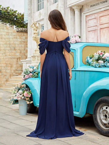 Royal Blue Off Shoulder Criss-Cross Wrapped Slit Thigh Formal Dress