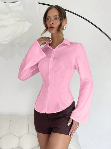 Roylia 1pc Solid Color Casual Front Button Elegant Long Flared Sleeves Shirt White Shirt Womenoffice Blouseformal Blousewhite Shirt For Women