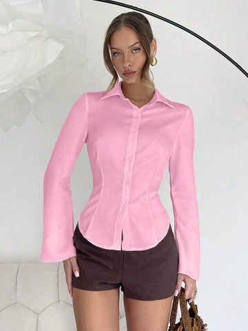 Roylia 1pc Solid Color Casual Front Button Elegant Long Flared Sleeves Shirt White Shirt Womenoffice Blouseformal Blousewhite Shirt For Women