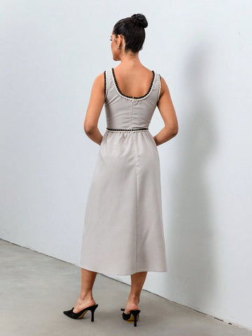Roylia Elegant Commuter Sleeveless A-Line Dress With Webbing Decor