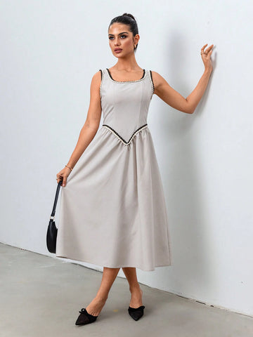 Roylia Elegant Commuter Sleeveless A-Line Dress With Webbing Decor