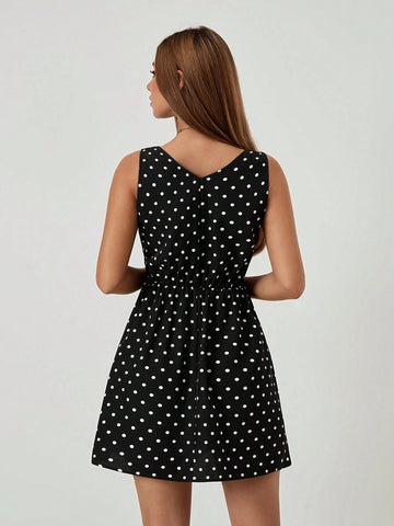 Roylia Elegant Polka Dot Print Lace Trim Sleeveless Dress