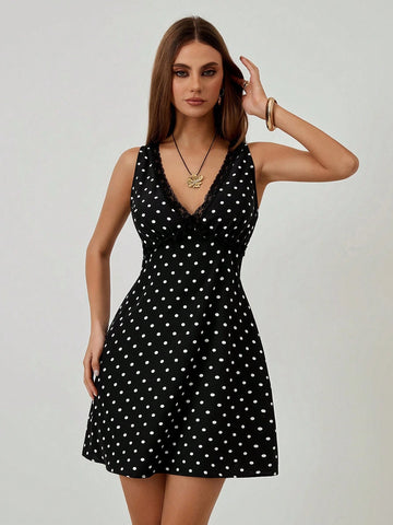 Roylia Elegant Polka Dot Print Lace Trim Sleeveless Dress