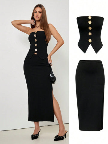 Roylia Metal Buckle Bandeau Top + Bodycon Side Slit Skirt, Knitted Textured Elastic 2-Piece Set, Black Knit Textured Two-Piece