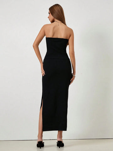 Roylia Metal Buckle Bandeau Top + Bodycon Side Slit Skirt, Knitted Textured Elastic 2-Piece Set, Black Knit Textured Two-Piece