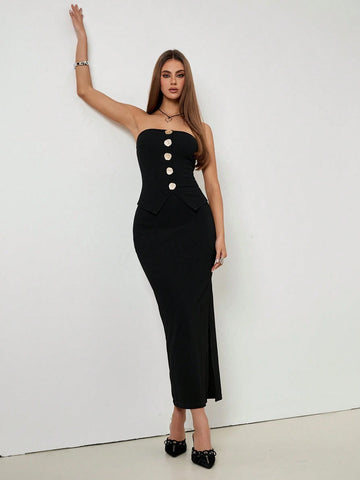 Roylia Metal Buckle Bandeau Top + Bodycon Side Slit Skirt, Knitted Textured Elastic 2-Piece Set, Black Knit Textured Two-Piece