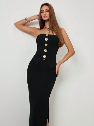 Roylia Metal Buckle Bandeau Top + Bodycon Side Slit Skirt, Knitted Textured Elastic 2-Piece Set, Black Knit Textured Two-Piece