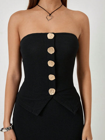 Roylia Metal Buckle Bandeau Top + Bodycon Side Slit Skirt, Knitted Textured Elastic 2-Piece Set, Black Knit Textured Two-Piece