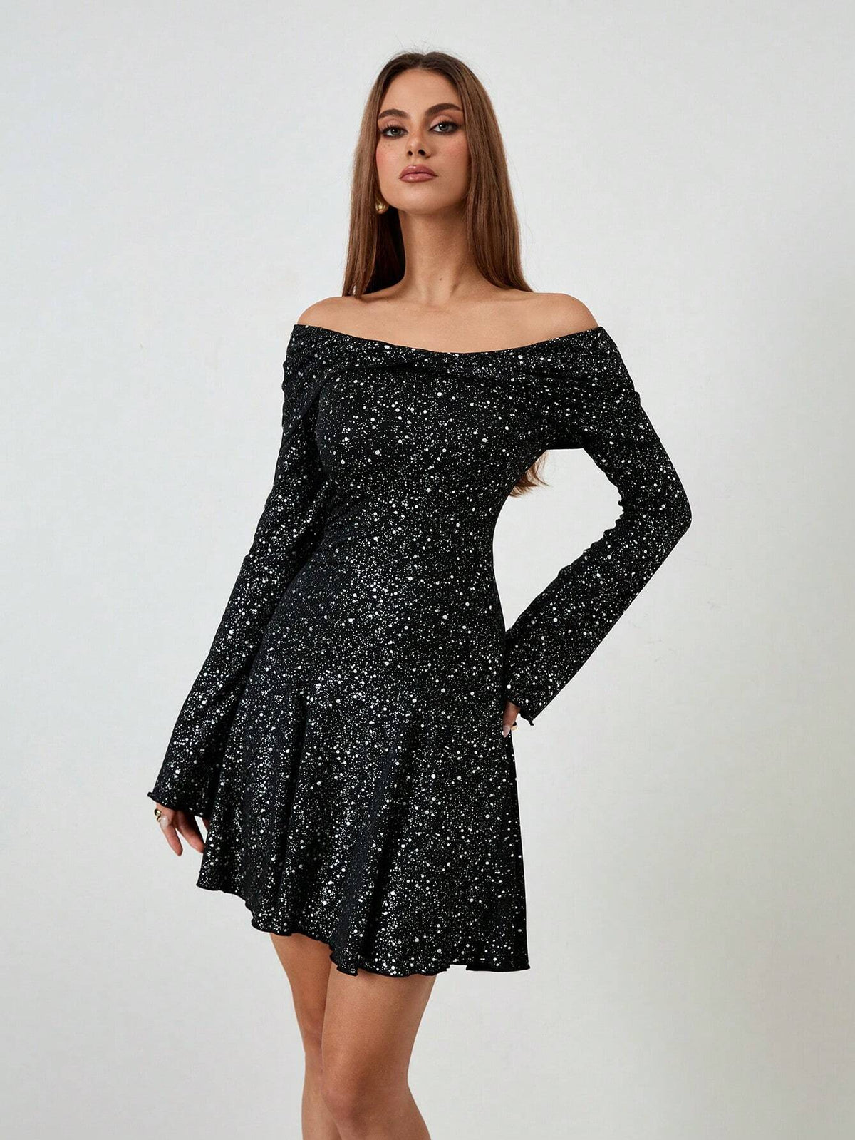 Roylia One-Shoulder Long Sleeve Elegant Silver Foil Mini Dress, Simple & Chic Design For Women