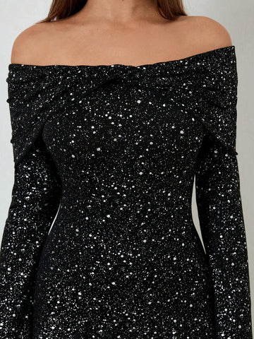 Roylia One-Shoulder Long Sleeve Elegant Silver Foil Mini Dress, Simple & Chic Design For Women