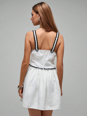 Roylia Spring/Autumn Women Elegant Contrast Color Twist Rope Belt Sleeveless Mini Dress