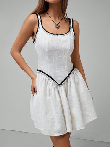 Roylia Spring/Autumn Women Elegant Contrast Color Twist Rope Belt Sleeveless Mini Dress