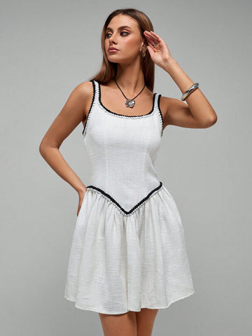 Roylia Spring/Autumn Women Elegant Contrast Color Twist Rope Belt Sleeveless Mini Dress