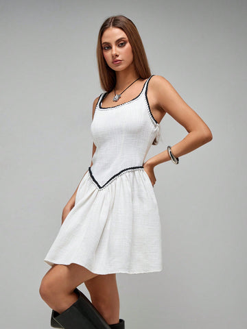 Roylia Spring/Autumn Women Elegant Contrast Color Twist Rope Belt Sleeveless Mini Dress