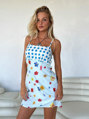 Roylia Summer Women's Floral Print Strap Elegant Short Vacation Dress