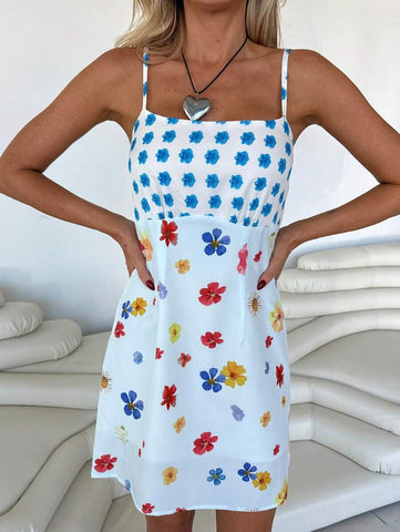 Roylia Summer Women's Floral Print Strap Elegant Short Vacation Dress
