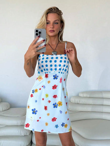 Roylia Summer Women's Floral Print Strap Elegant Short Vacation Dress