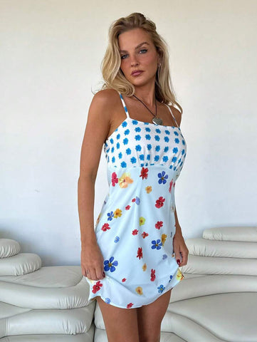 Roylia Summer Women's Floral Print Strap Elegant Short Vacation Dress