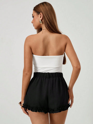 Roylia Versatile Small Flower Ruffled Hem Black Dress Shorts