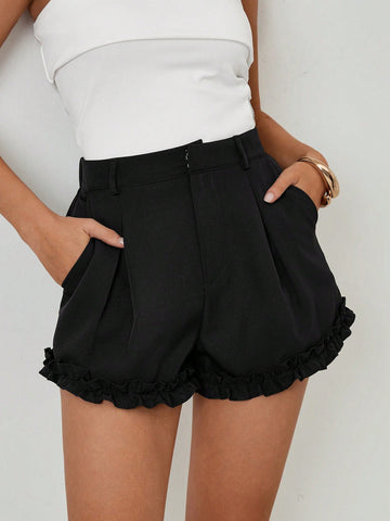 Roylia Versatile Small Flower Ruffled Hem Black Dress Shorts