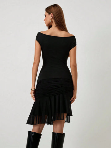 Roylia Women Bodycon Ruffled Hem Gossamer Mini Dress, Asymmetric Neck