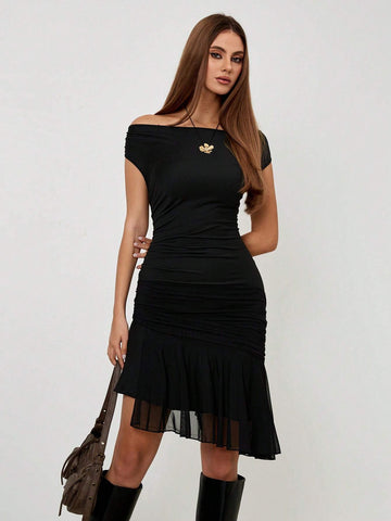 Roylia Women Bodycon Ruffled Hem Gossamer Mini Dress, Asymmetric Neck