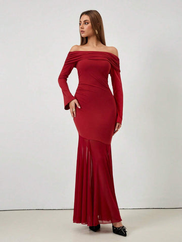 Roylia Women Off-Shoulder Long Sleeve Dress With Mesh Hem