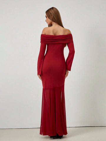 Roylia Women Off-Shoulder Long Sleeve Dress With Mesh Hem