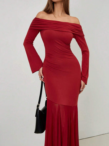 Roylia Women Off-Shoulder Long Sleeve Dress With Mesh Hem