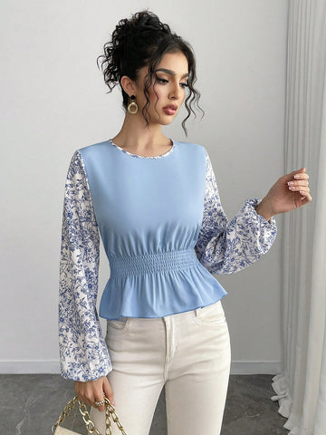 Roylia Women's Contrasting Color Patchwork Distressed Ruffle Hem French Retro Blouse, Long Sleeve