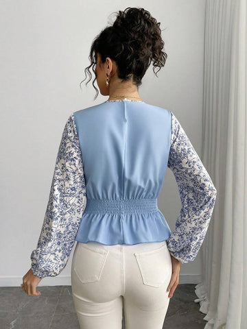 Roylia Women's Contrasting Color Patchwork Distressed Ruffle Hem French Retro Blouse, Long Sleeve