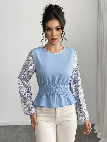 Roylia Women's Contrasting Color Patchwork Distressed Ruffle Hem French Retro Blouse, Long Sleeve
