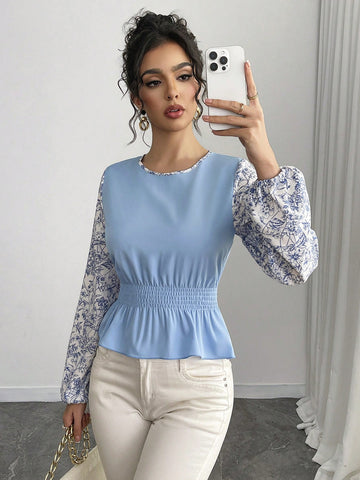 Roylia Women's Contrasting Color Patchwork Distressed Ruffle Hem French Retro Blouse, Long Sleeve